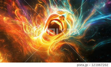 Screaming face dissolving into colorful energy and particles 121067202
