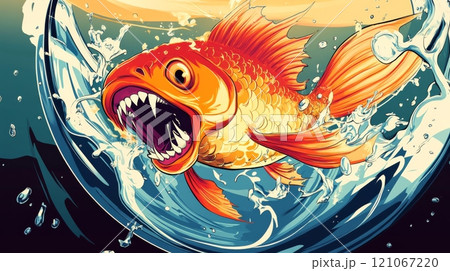 Aggressive goldfish with sharp teeth attacking in water splash Aggressive goldfish with sharp teeth attacking in water splash 121067220
