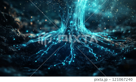 Glowing blue energy tree growing from dark matter is spreading light and magic 121067240