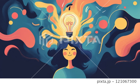 Young woman having a bright idea symbolized by light bulb above her head 121067300