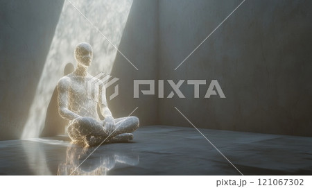 Glowing polygonal mesh meditating in dark room with light ray 121067302