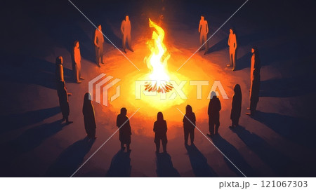 People gathering around bonfire at night, sharing stories and warmth 121067303