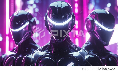 Futuristic robots standing in neon-lit cityscape 121067322