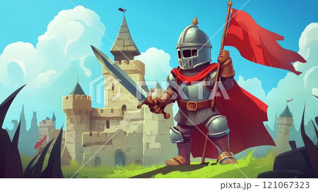 Cartoon knight holding sword and red flag in front of castle 121067323