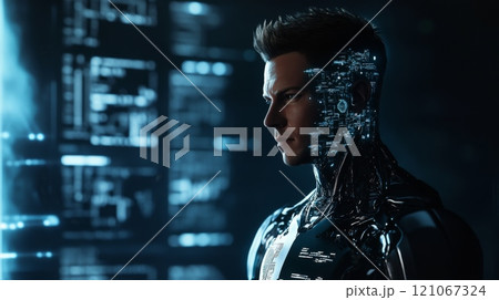Futuristic cyborg analyzing data on digital screen 121067324