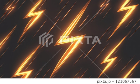 Multiple glowing orange lightning bolts flashing on dark background 121067367