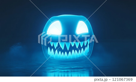 Glowing halloween pumpkin floating on water with spooky background 121067369