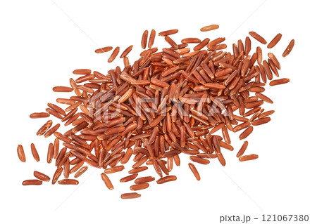 red rice heap isolated on white background. Top view. Flat lay red rice heap isolated on white background. Top view. Flat lay 121067380