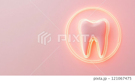 Pink tooth surrounded by glowing neon circle promoting dental health 121067475
