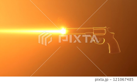 Golden gun firing a bright flash on orange background 121067485