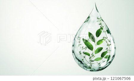 Big transparent drop of water containing green leaves and flowers 121067506
