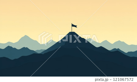 Reaching the summit: flag waving on mountain peak symbolizing success 121067572