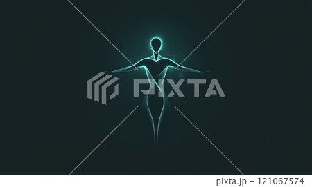 Glowing female figure spreading arms in darkness symbolizing spirituality and wellbeing 121067574