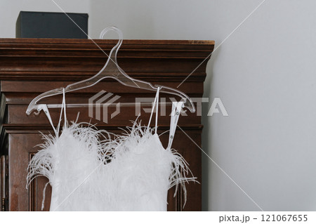 A beautiful white dress adorned with feathers is hanging on a clear hanger A beautiful white dress adorned with feathers is hanging on a clear hanger 121067655