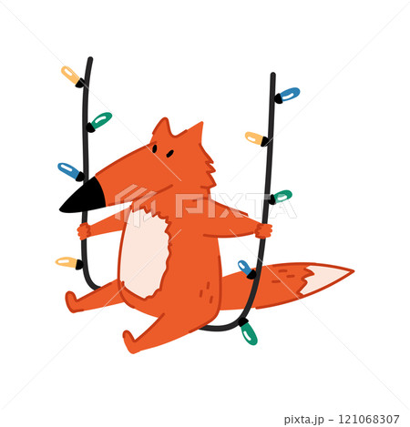 An illustration of a cute fox swinging on a Christmas garland. Fun forest animal. New year celebration. An illustration of a cute fox swinging on a Christmas garland. Fun forest animal. New year celebration. 121068307