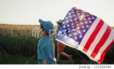 Cute Little Boys - American Patriot Kids Running With National Flag. Usa, 4Th Cute Little Boys - American Patriot Kids Running With National Flag. Usa, 4Th 121068366