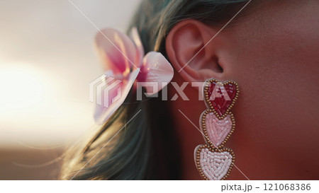Young Woman With Romantic Beaded Craft Hearts Jewellery Earrings And Orchid 121068386