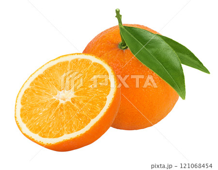 Orange fruit with leaves isolated on white background with full depth of field 121068454
