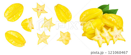Carambola or star-fruit isolated on white background. Top view. Flat lay Carambola or star-fruit isolated on white background. Top view. Flat lay 121068467