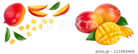 Mango fruit with slices isolated on white background with copy space for your text. Top view. Flat lay 121068468