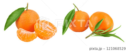 Tangerine or clementine with green leaf isolated on white background with full depth of field. 121068529