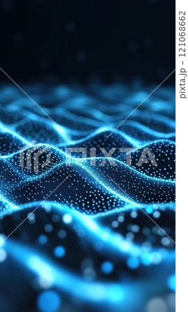 Wave of glowing blue particles creates a futuristic digital landscape concept, AI 121068662