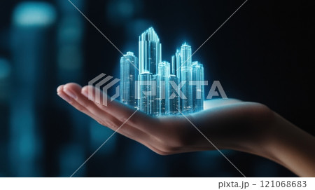 Hand holding a holographic cityscape, showcasing futuristic urban technology, AI Hand holding a holographic cityscape, showcasing futuristic urban technology, AI 121068683