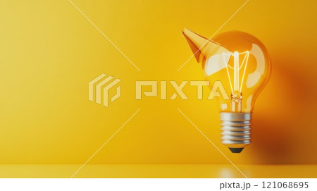 Light bulb with paper airplane on vibrant yellow background symbolizes creativity, AI 121068695