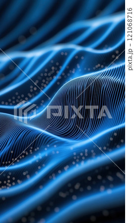 Blue abstract waves and dots create a futuristic digital landscape, evoking technology and innovation, AI 121068716