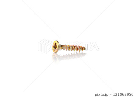 macro screw of golden color on a white background 121068956