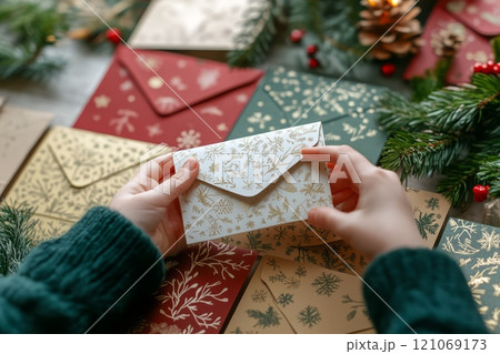A child's hands open a paper envelopes advent calendar 121069173