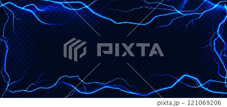 Lightning frame. Thunderbolt realistic effect rectangular border with blue electric flashes, electrical discharge, shock power. Vector 3d isolated template Lightning frame. Thunderbolt realistic effect rectangular border with blue electric flashes, electrical discharge, shock power. Vector 3d isolated template 121069206