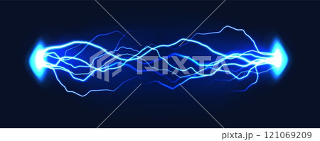 Electric discharge. Thunder bolts blue lightning, electric shock glowing flash effect. Power electrical energy lightning. Vector concept Electric discharge. Thunder bolts blue lightning, electric shock glowing flash effect. Power electrical energy lightning. Vector concept 121069209