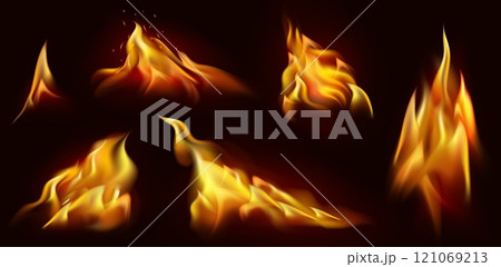 Realistic fire. Burning flames realistic sparks. Flaming hot red fire, bonfire or campfire glowing fiery 3d elements. Vector isolated on black set Realistic fire. Burning flames realistic sparks. Flaming hot red fire, bonfire or campfire glowing fiery 3d elements. Vector isolated on black set 121069213
