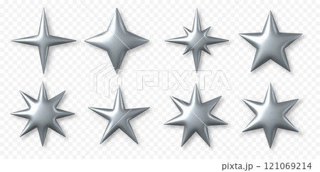 3d silver stars. y2k chrome star shiny shapes. Festive Christmas and Ramadan, futuristic and celestial, sci-fi glossy, metal glitter elements. Vector isolated set 121069214