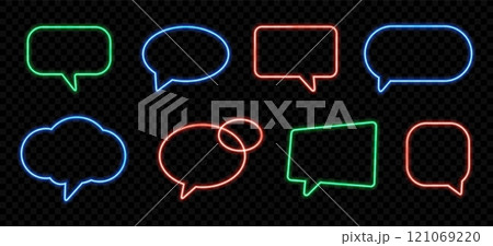 Neon light speech bubbles. Shiny message sign with glowing neon frame border. Color frames for quotation text. Speech bubble banner, price tag, luminous discount. Vector set 121069220