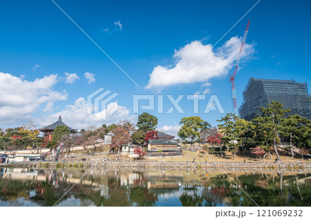 保存修理工事中の興福寺五重塔　猿沢池からの景観　奈良市 121069232