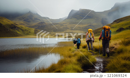 Hikers exploring a scenic mountain landscape near a tranquil lake during an overcast afternoon 121069324