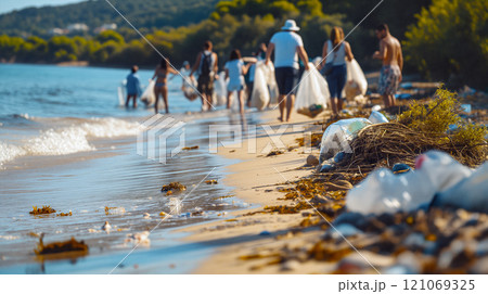 Community members clean up the beach, removing plastic waste along the shoreline during a sunny afternoon 121069325