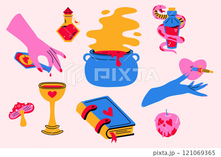 A set of illustrations of love charms. A love potion, love spell, a prediction of the future. 121069365