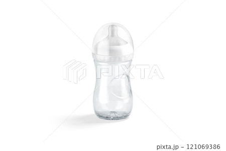 Blank transparent plastic baby bottle mockup, side view 121069386