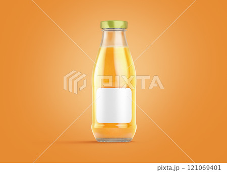 Blank transparent glass orange juice bottle mockup, colored background Blank transparent glass orange juice bottle mockup, colored background 121069401