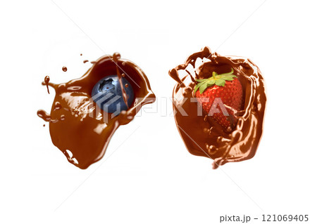 Blueberry and strawberry falling in chocolate splash, depth of field 121069405