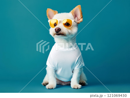 pet dog with glasses wear white shirt for mockup, generative AI 121069430