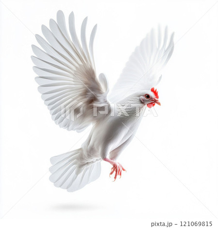 Graceful White Chicken in Mid-Flight 121069815