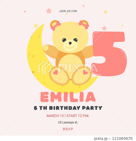 Invitation childrens birthday party with cute bear and number. Celebration fifth birthday. Moon and stars. Greeting card template for children. Vector illustration. 121069870