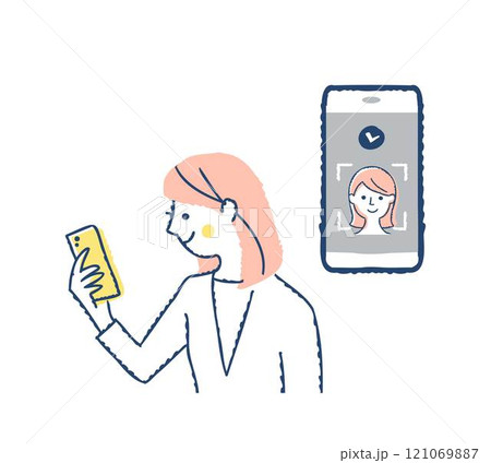 Face ID・スマートフォンで顔認証をする女性 121069887