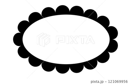 Oval frame with scallop borders. Elliptic picture, photo or mirror vignette. Tag, label, text box or sticker template with wavy edges isolated on white background. Vector graphic illustration Oval frame with scallop borders. Elliptic picture, photo or mirror vignette. Tag, label, text box or sticker template with wavy edges isolated on white background. Vector graphic illustration 121069956