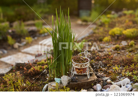 A peaceful pathway in a beautifully designed garden with lush plants and unique features 121069974