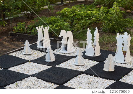 An impressive Outdoor Chess Set with Large White Pieces arranged beautifully in a Garden 121070069